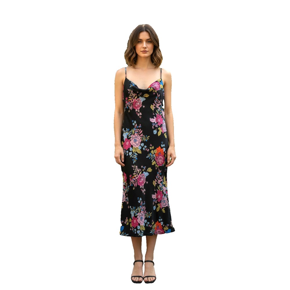 Cowl Neck Slip Dress L Silky Floral Fairy Grunge Dark Romantic Y2K Style Indie
